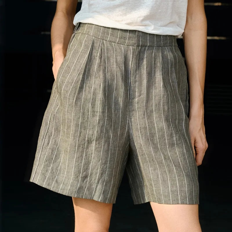 100% Linen Retro Striped Shorts For Women Summer New Loose High Waisted Straight Leg Pants Commuting Casual Girl Shorts