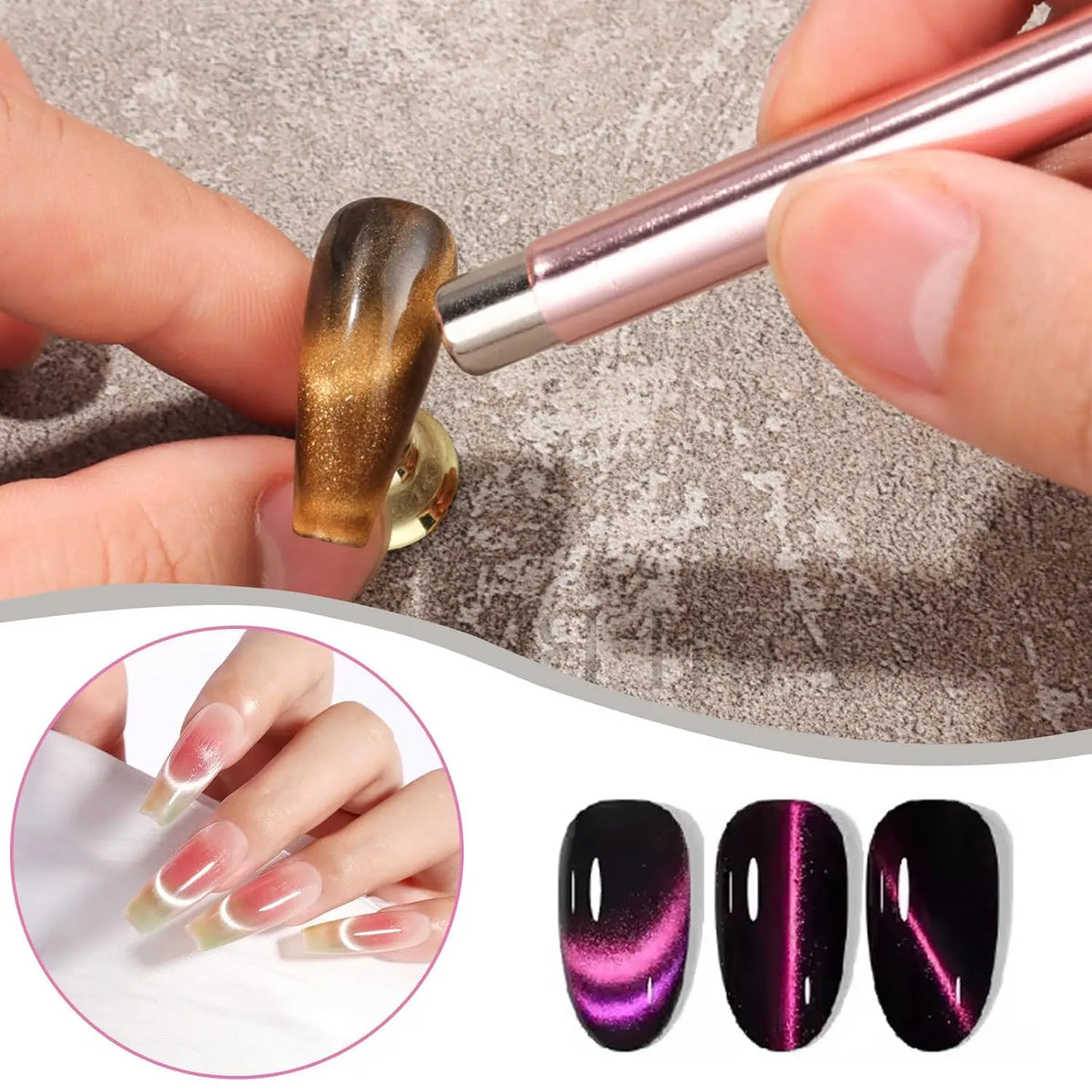Pro Cat Eye Nail Magnet Kit — Dual-Tip Wand, Round Beads & Y/Rabbit Stencil. DIY Multi-Style Cat Eye Nails Made Easy.