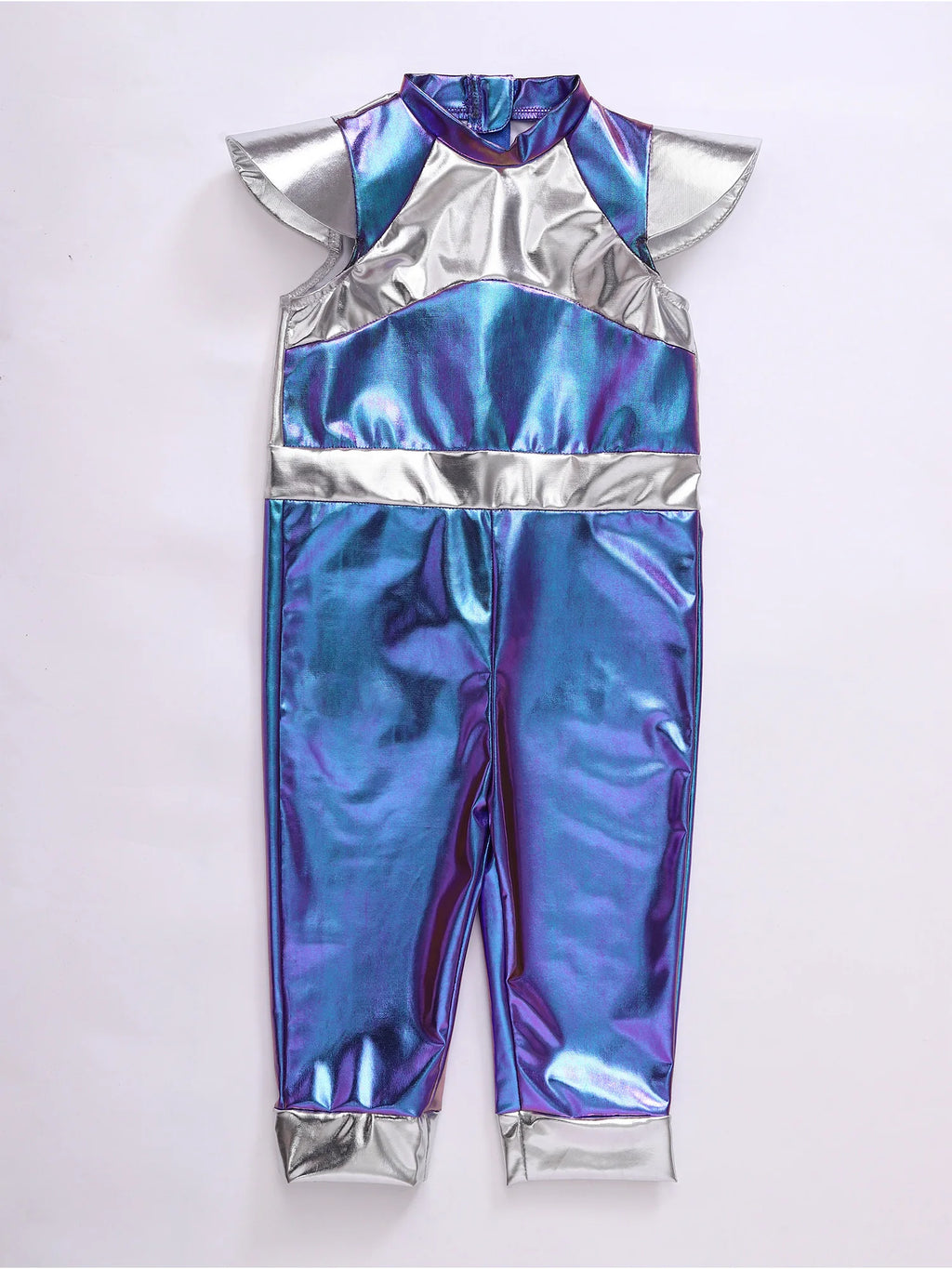 Toddler Boys Girls Shiny Alien Dress-up Costume Jumpsuit Cap Sleeve Zipper Metallic Romper for Photography Halloween Theme Party