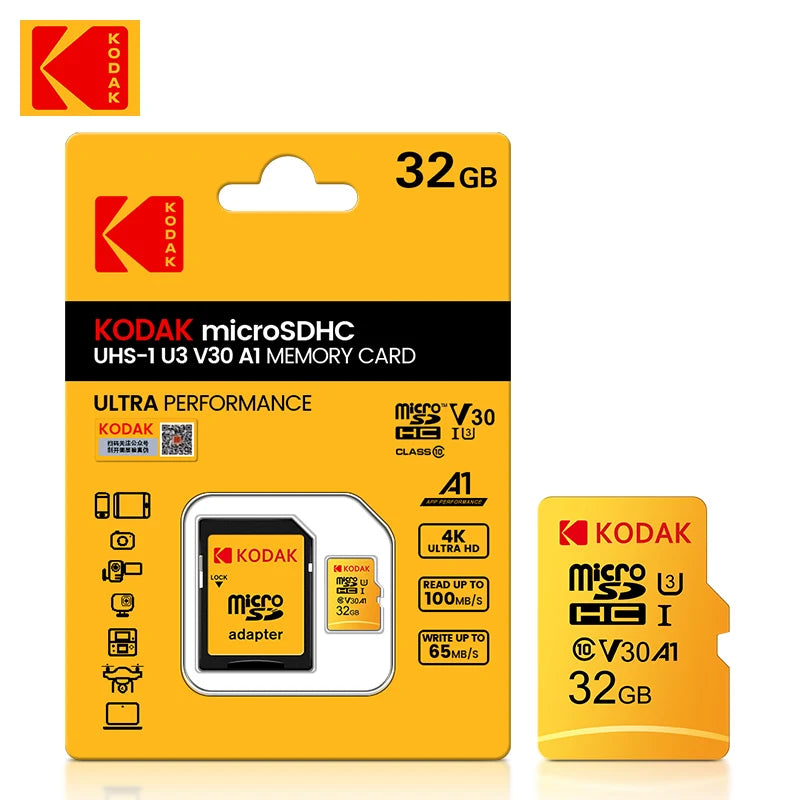 100% Original KODAK Micro SD Card 32GB 64GB 128GB 95MB/s Class10 U3 UHS-I TF Card 4K HD for USB Card Reader Adapter 256GB Micro