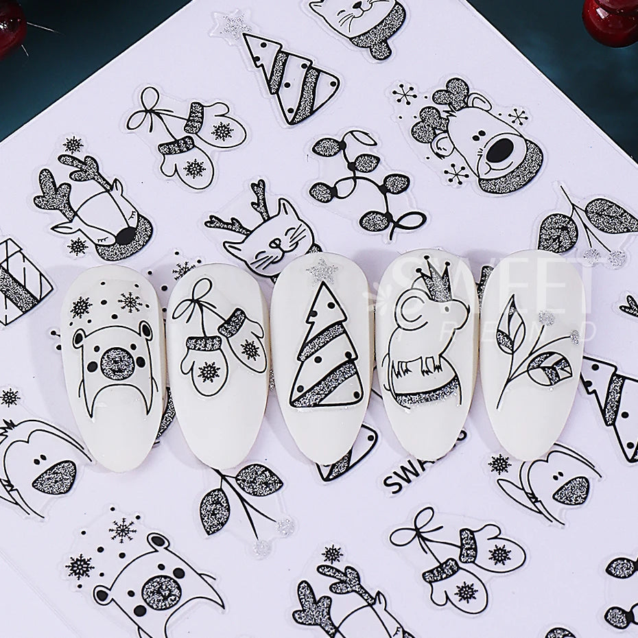 2/4pcs Cartoon Christmas Nail Stickers Glitter Gold Silver Reindeer Cat Snowflake Xmas Tree Adhesive Decals DIY Manicure Decor