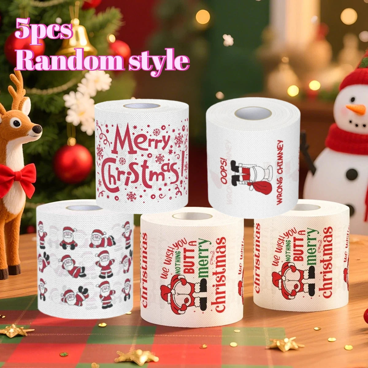 1/5pcs Happy 2026 New Year Christmas Toilet Roll Paper Xmas Tissue Roll Kitchen Home Decoration Holiday Party Supplies