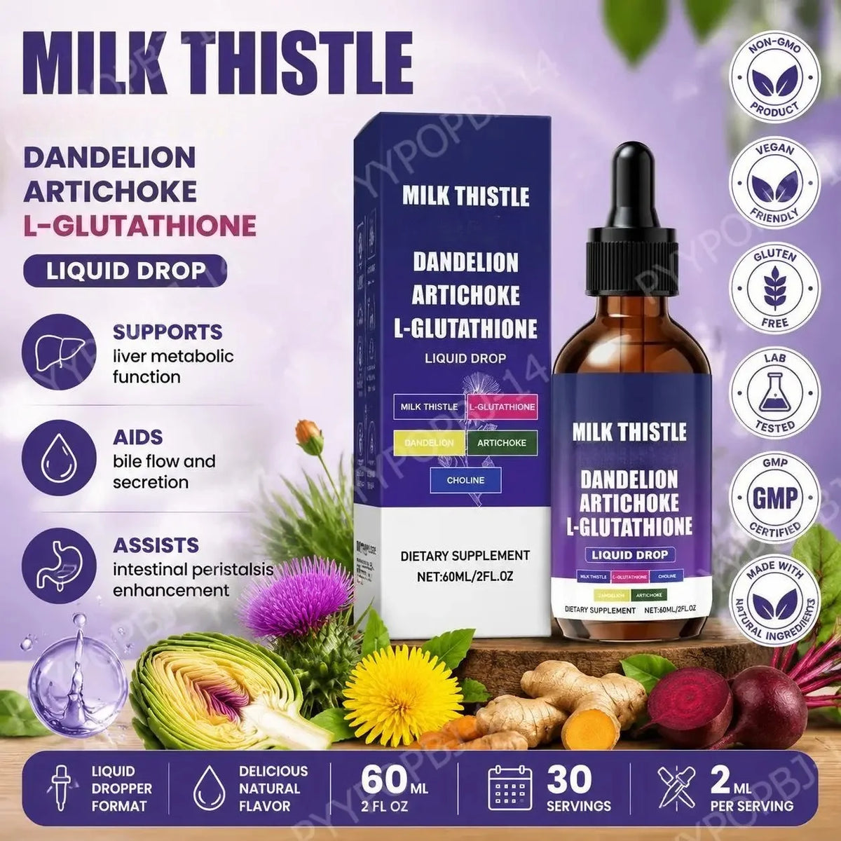 Milk Thistle+Choline Liquid Drops with L-Glutathione and Ginger for Liver Metabolic Function and Bile Flow 60 ML
