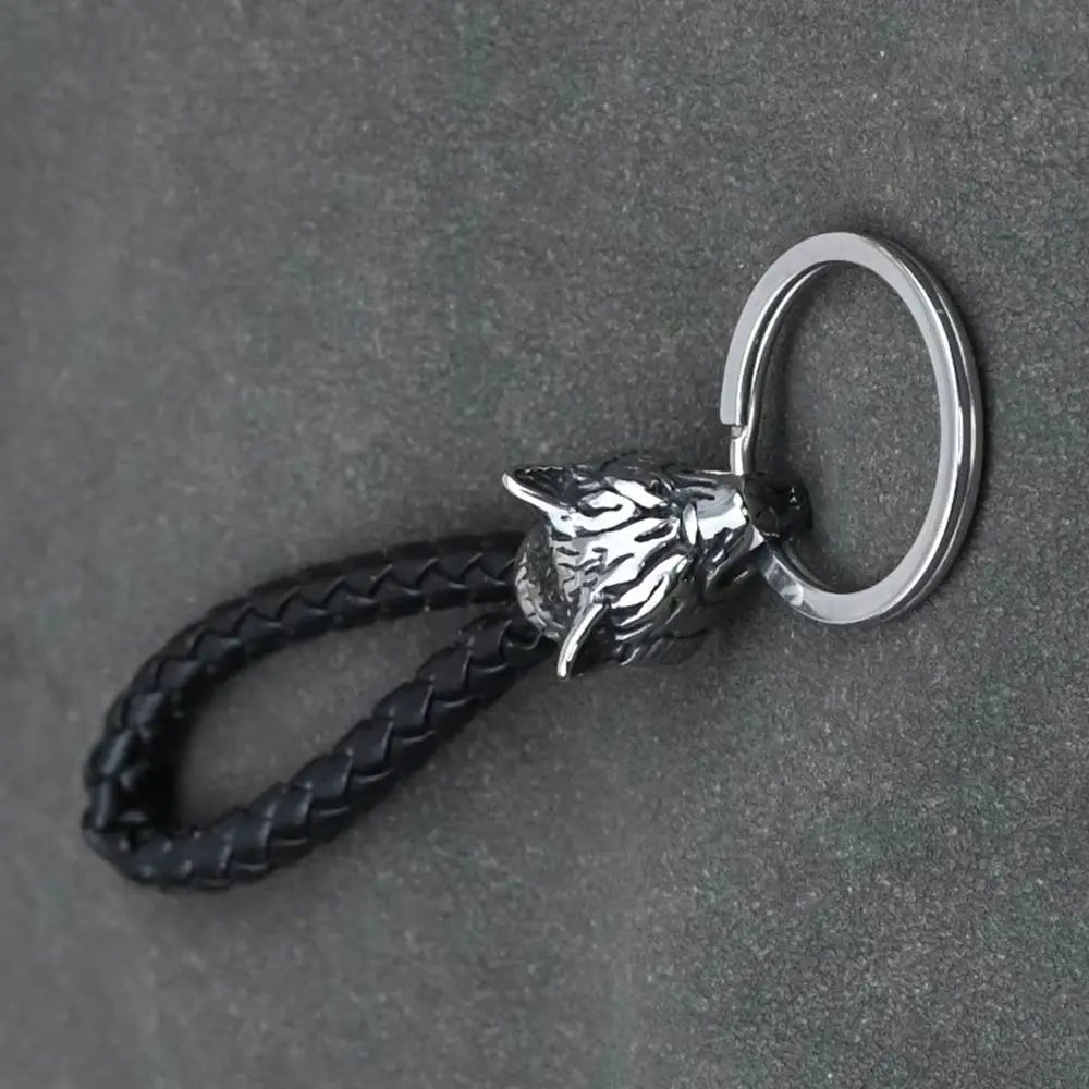 1Pcs Stainless Steel Wolf Amulet Jewelry PU Braided Woven Leather Keychain Viking Accessories Key Ring For Knife Car Decoration