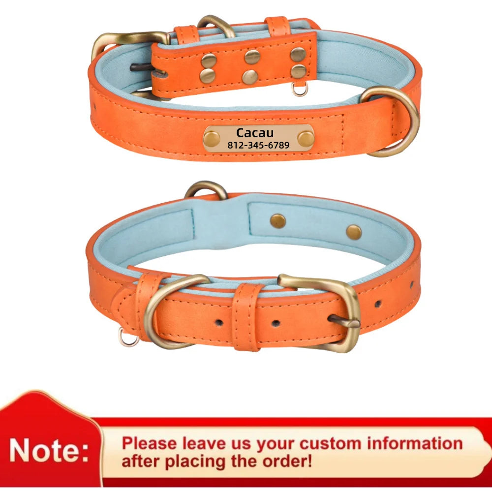 Personalized Customized Leather ID Nameplate Dog Collar Soft Padded Dogs Collars Free Engraving Name for Small Medium Large Dogs