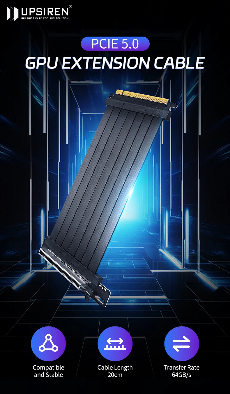 UPSIREN PCI-E 5.0 X16 GPU Extension Cable,Cable length 200mm/Gold-plated process/Suitable for 50 series graphics cards