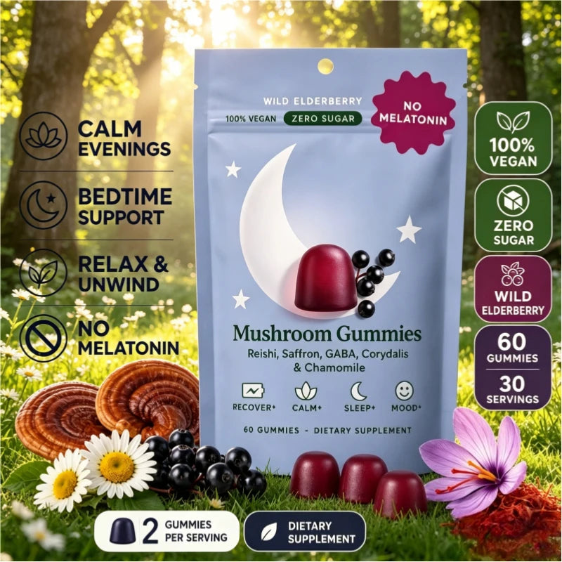 Mushroom Gummies with Reishi GABA Saffron Chamomile Supports Evening Relaxation No Melatonin Zero Sugar Vegan 60 Gummies