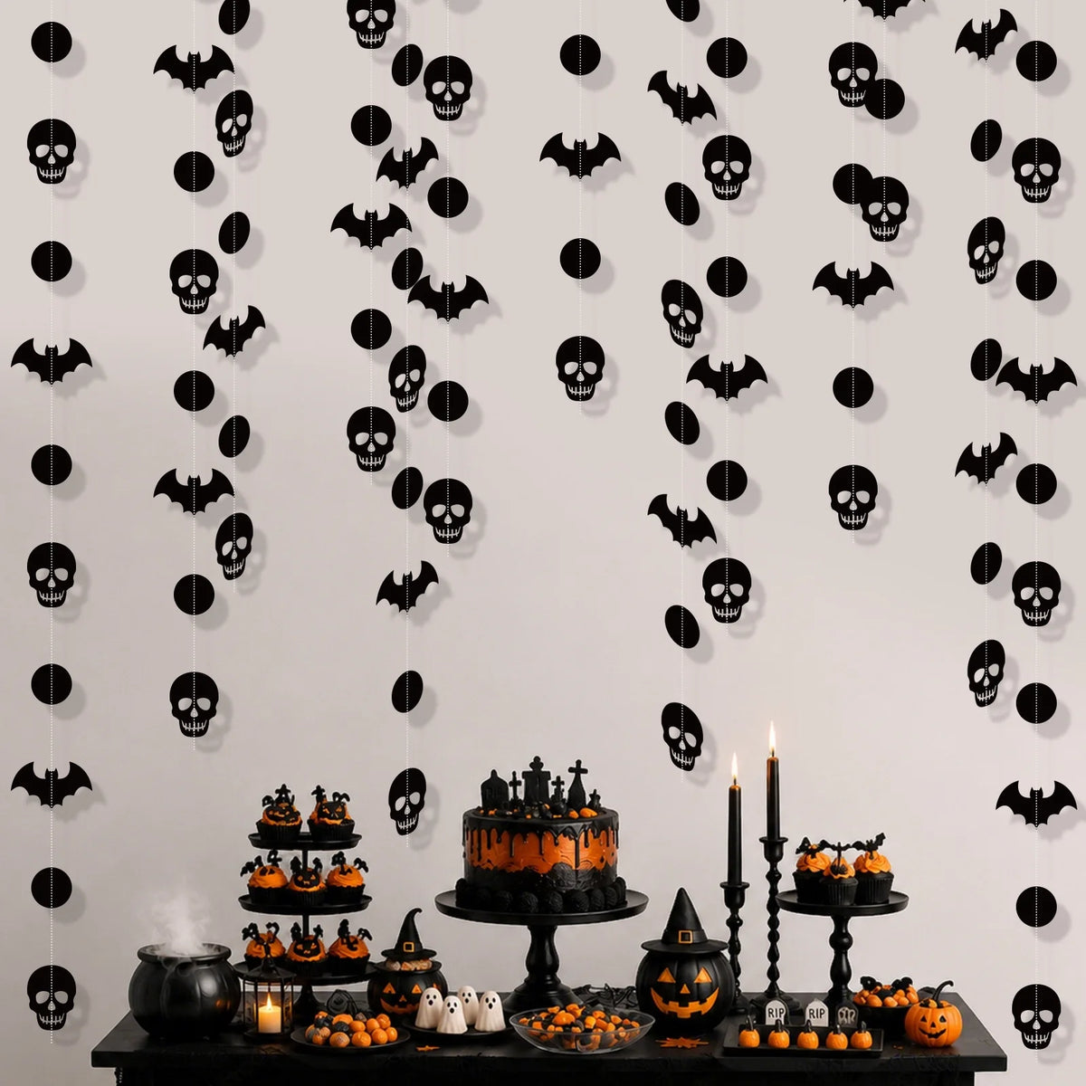2-meter Halloween Bat Skeleton Cutout Paper Streamer Dark Style Hanging Decor Party Wall Atmosphere Fabric Hanging Decoration