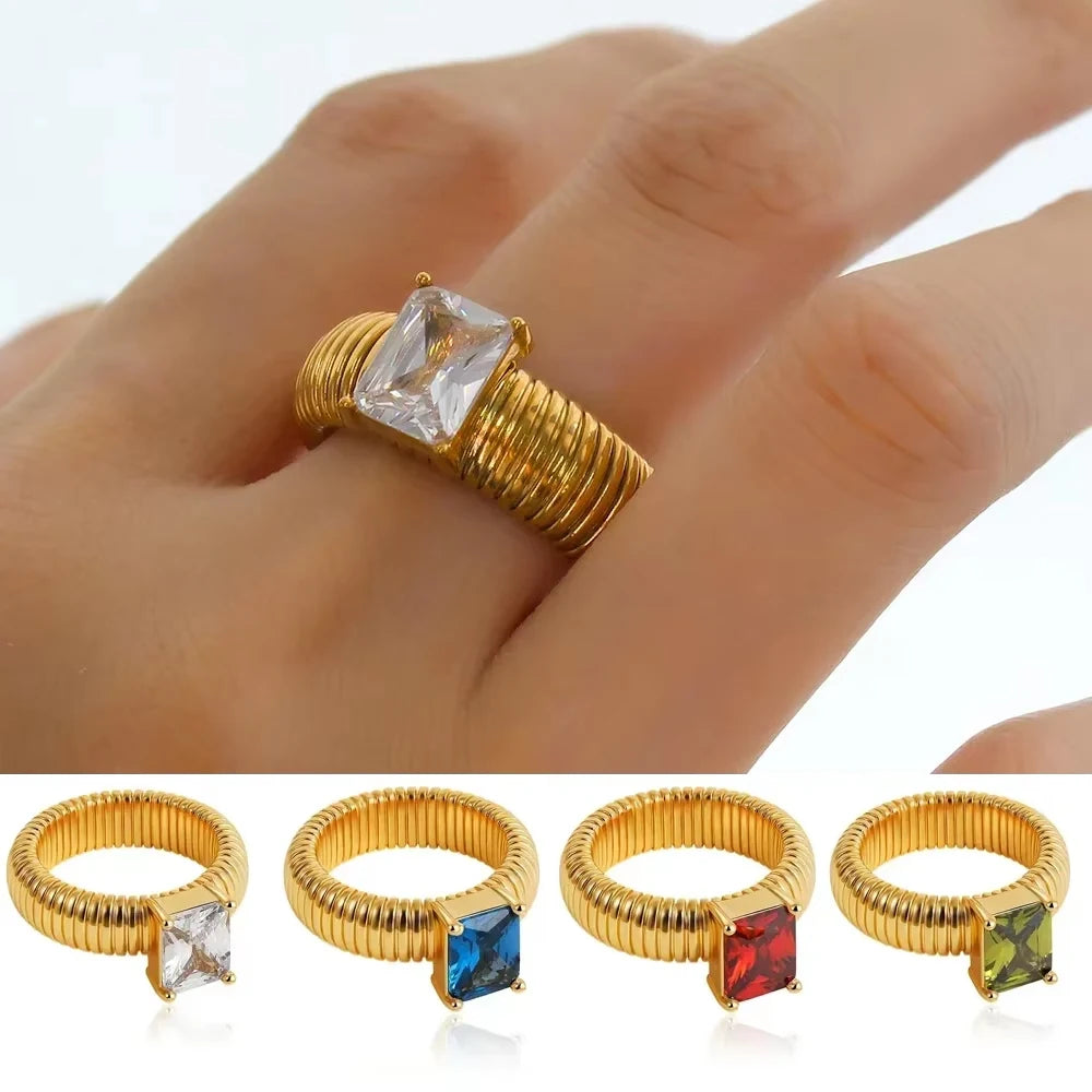 Hiphop Rock Texture Chunky Rings Stainless Steel Waterproof Multicolour Square Crystal Zircon Wedding Ring Femal Retro Jewelry