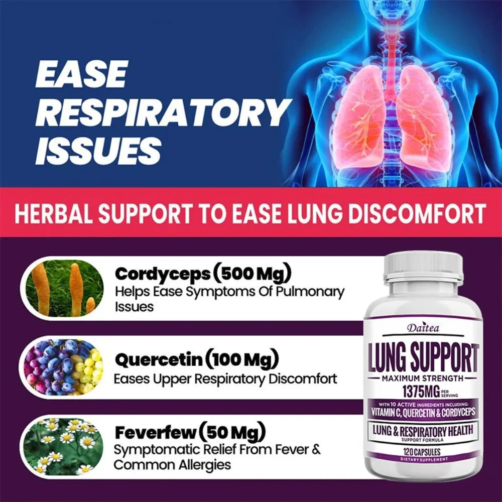 Lung Support Supplement for Lung Cleanse & Detox, with Quercetin Bromelain Vitamin C & Cordyceps for Lung, Respiratory Support