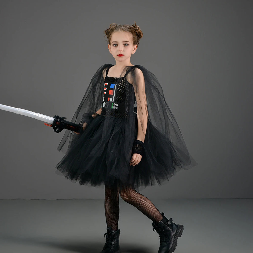 Girls Dark Star Villain Tutu Costume Dress Children Halloween Vader Outfit Kids Fancy Carnival Party Dress up Cosplay Clothes