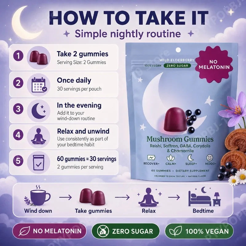 Mushroom Gummies with Reishi GABA Saffron Chamomile Supports Evening Relaxation No Melatonin Zero Sugar Vegan 60 Gummies