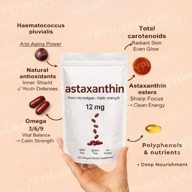 Astaxanthin Softgels 12mg with MCT Coconut Oil from Haematococcus Pluvialis Microalgae Daily Wellness Supplement 120 Count