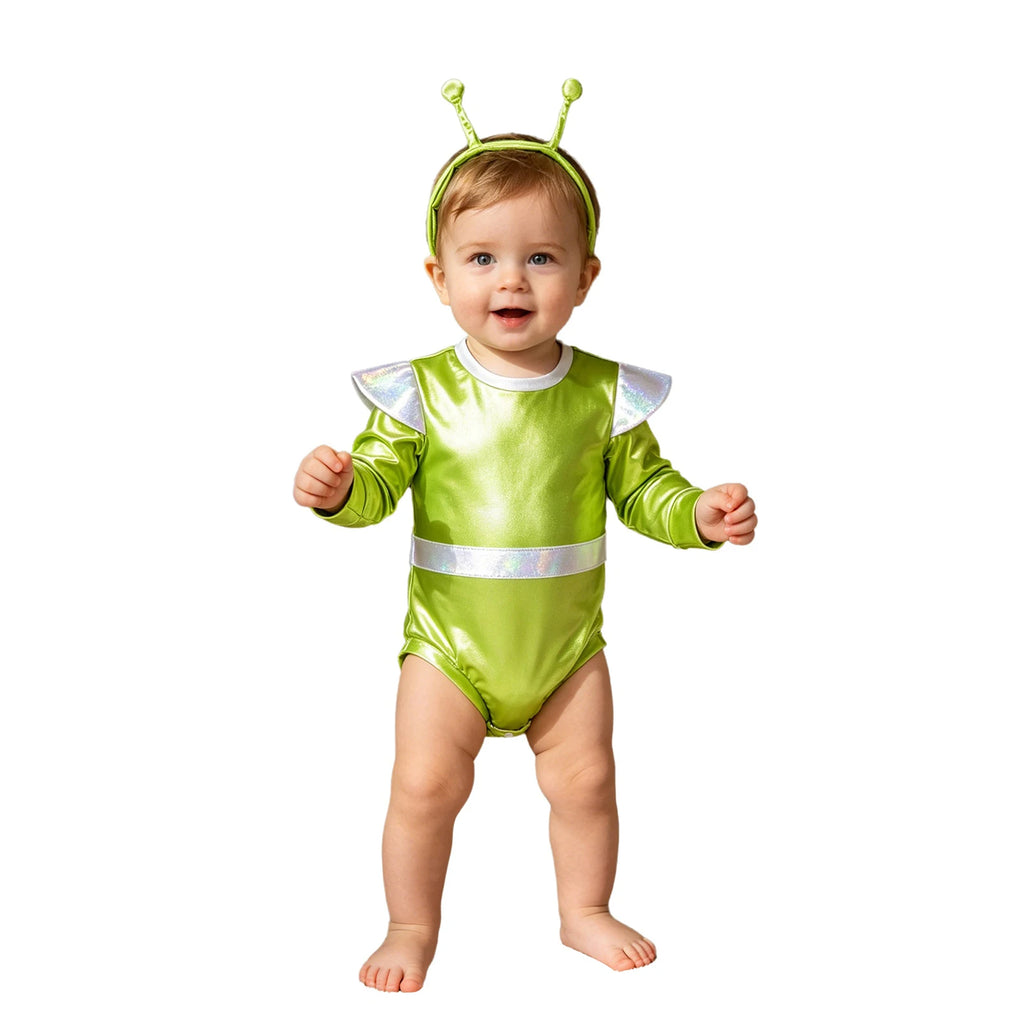 Little Boys Girls Halloween Theme Party Metallic Shiny Alien Rompers Space Robot Astronaut Dress Up Jumpsuit Photography Costume