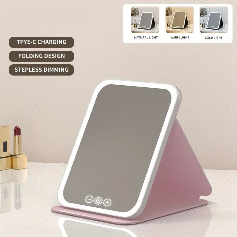 LED Makeup Mirror 3 Colors Lighting Dimmable with Touch Screen Fold Cosmetic Makeup Mirror Rechargeable Tabletop for Travel Home