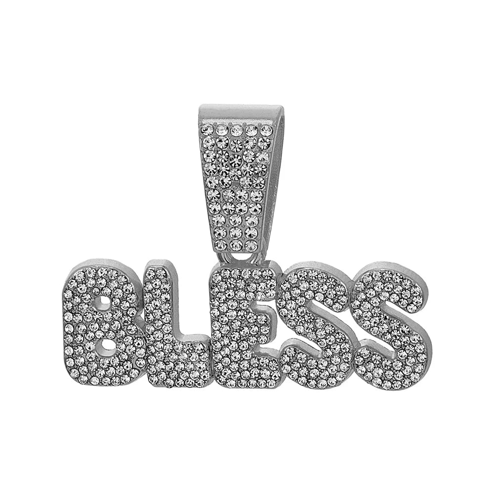 Hip Hop Letter BLESS Pendant Necklace for Women Men Shiny Rhinestones 13MM Cuban Chain Crystal Necklaces Fashion Jewelry Gifts