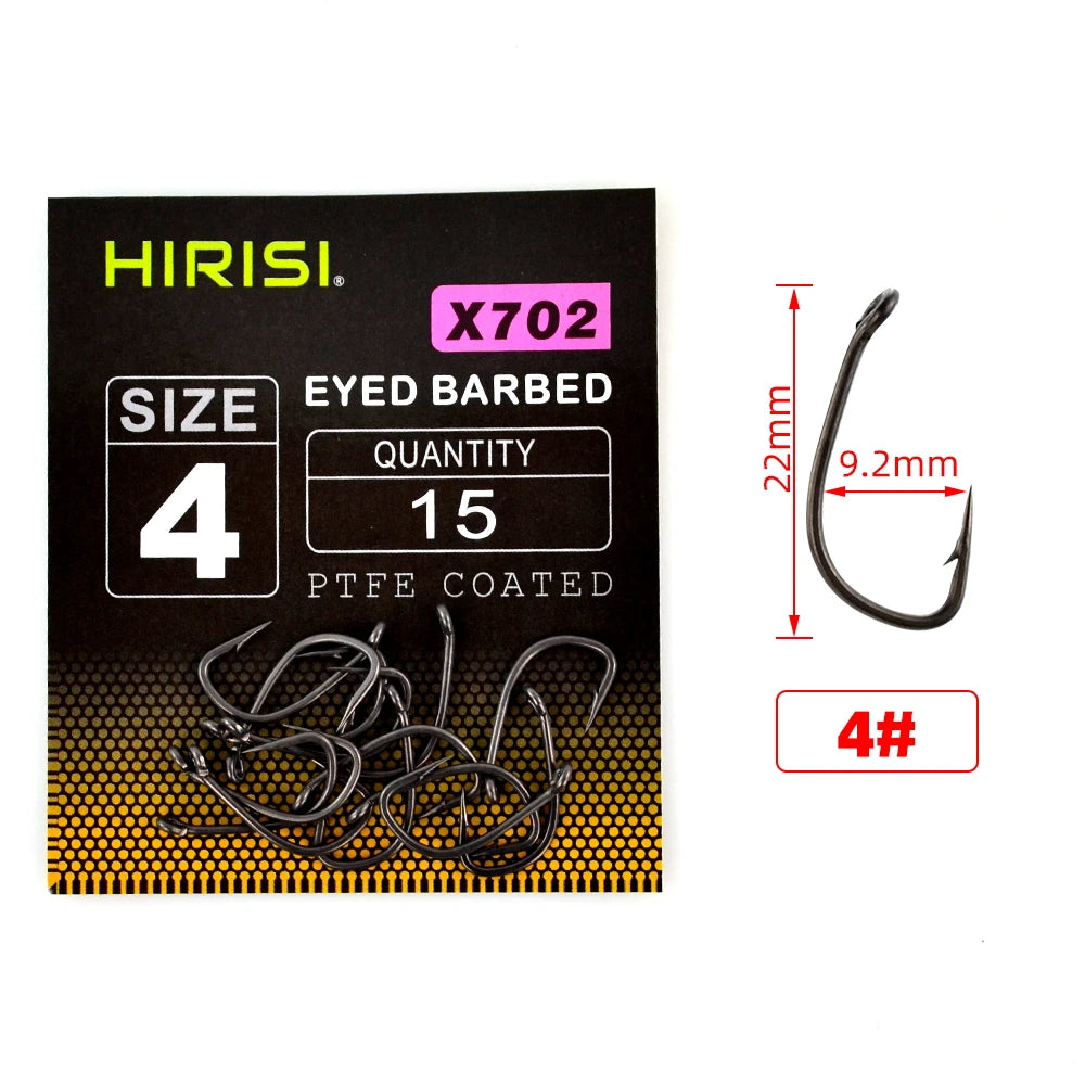 15pcs PTFE Coated High Carbon Steel Barbed Fish Hook With Eye  Carp Fishing Accessories X702