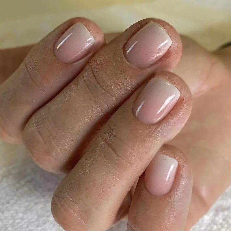 24Pcs Simple Square Head Fake Nail with nude design White Gradient French Press on False Nails Short Full Cover Nail Tips