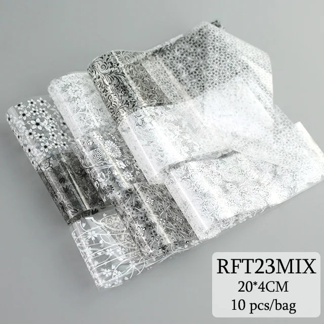 10Pcs Nail Art Foil Transfer Decal Set Holographic Nails Stickers Vintage Lace Mix Design DIY Manicure Decoration Wraps