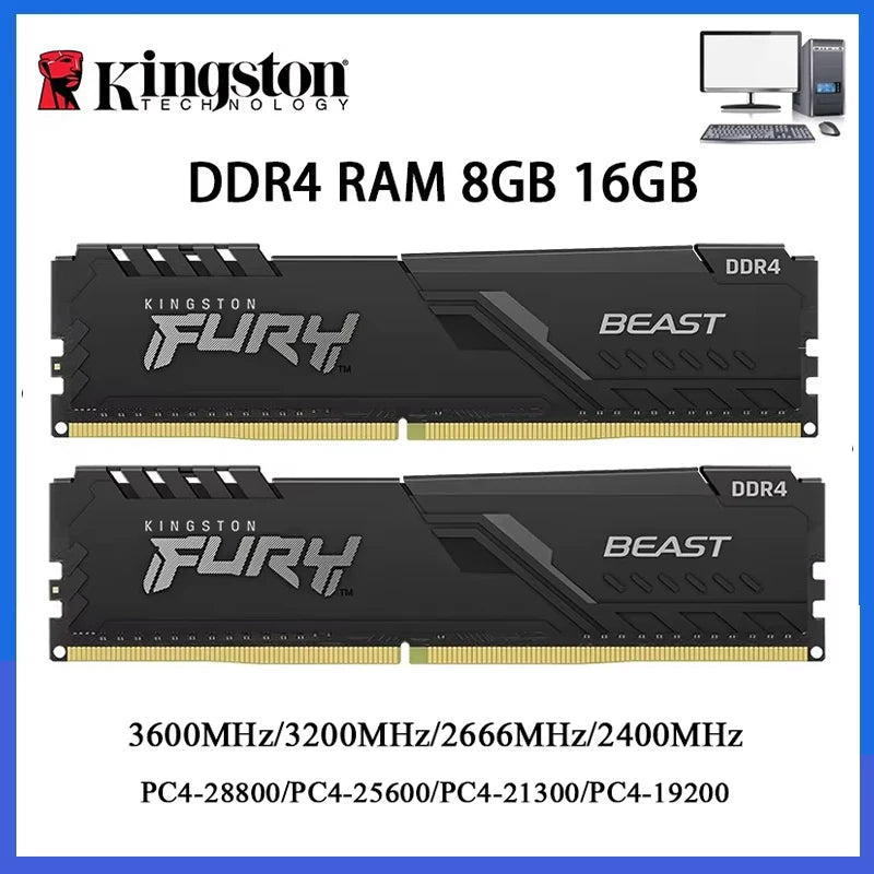 DDR4 Kingston BEAST RAM 3200MHz 2666MHz 3600 2400MHz 8GB 16GB 4GB Gaming Desktop Memory PC4-25600 PC4-19200 288Pin DIMM DDR4 RAM