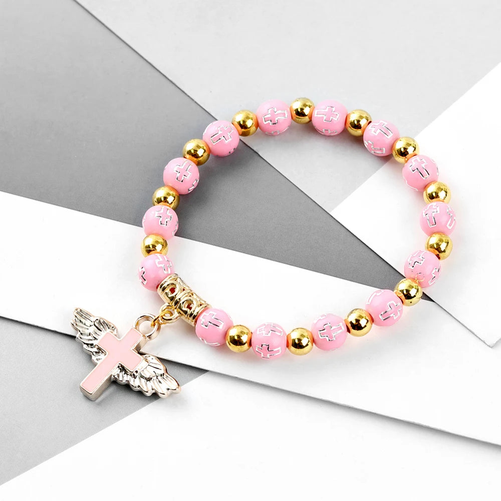 Fashion Acrylic Beaded Bangles Bracelet With Angel Wings Cross Pendant For Women Men Wristbands Lucky Jewelry Gifts