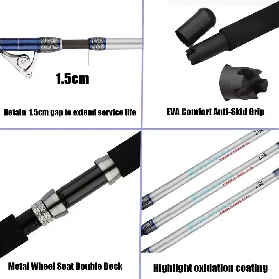 1.98M 2.1M Saltwater Spinning Big Game Fishing Rod 50kg 2 Piece Offshore Trolling Rod Sea Boat Fishing Pole with Roller Guides