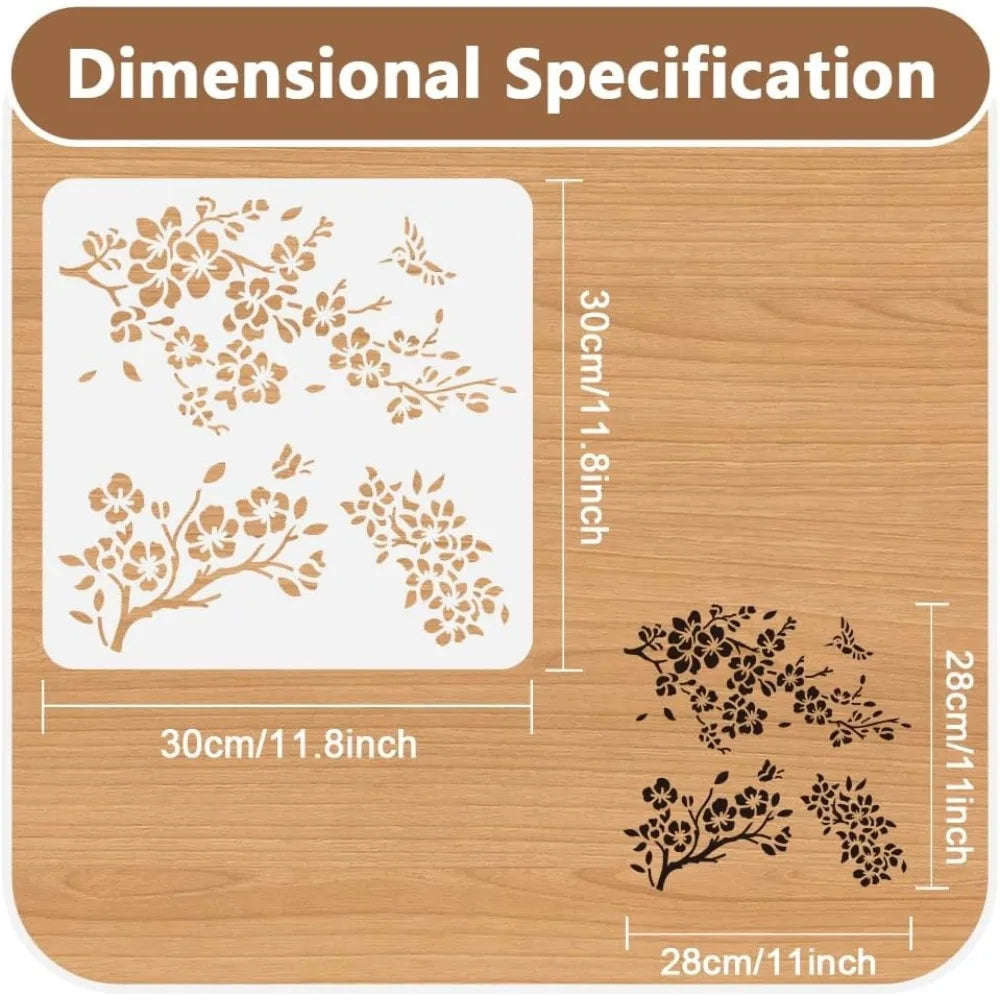 11.8"x11.8" Cherry Blossom Branch Wall Stencil Templates Nature Flower Reusable Plastic Stencils for Painting on Wood Floor