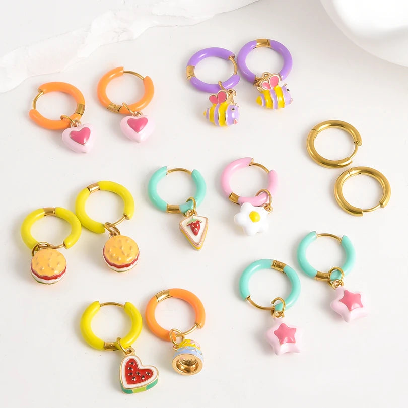1Pair Dopamine Enamel Sweet Heart  Cute Bee Flower Y2K Girl Aesthetic Aretes Funny Food Cake Gothic Star Hoop Earrings Jewelry
