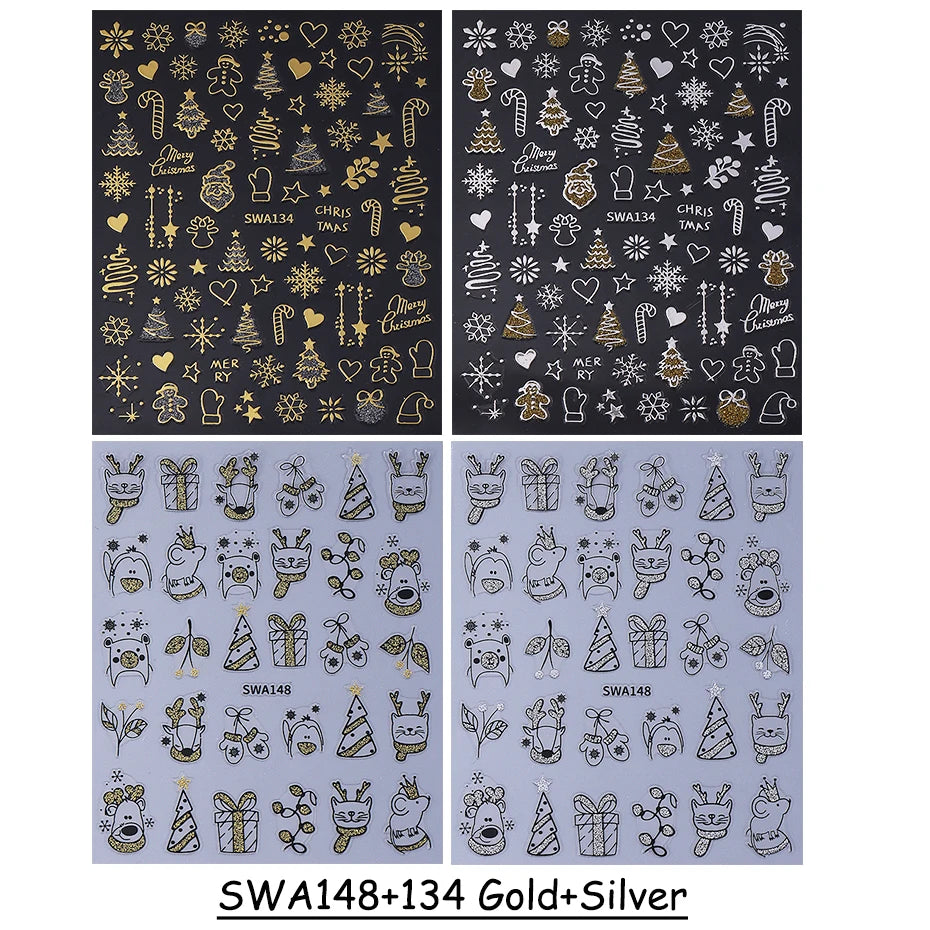 2/4pcs Cartoon Christmas Nail Stickers Glitter Gold Silver Reindeer Cat Snowflake Xmas Tree Adhesive Decals DIY Manicure Decor