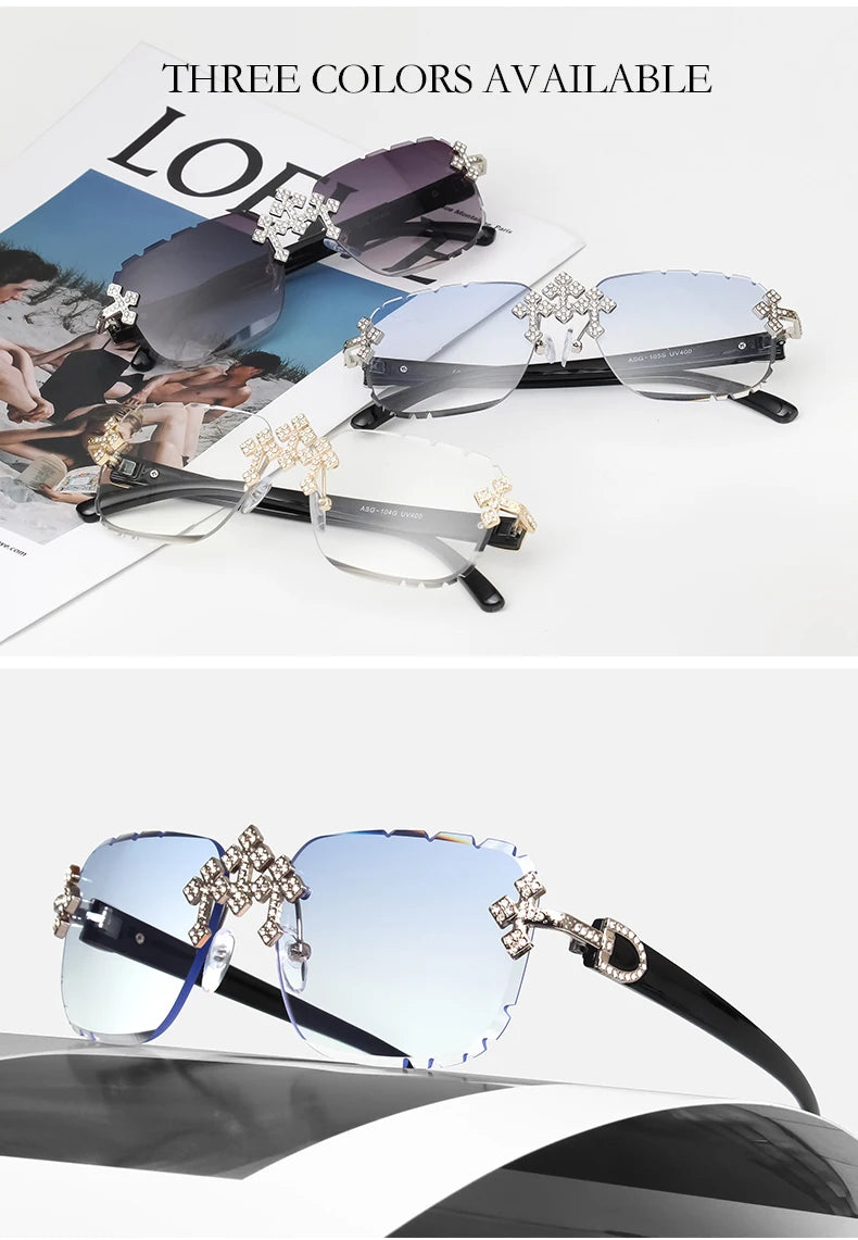 2025 Fashion Square Rimless Sunglasses For Women Cross Diamond Metal Frame Luxury Eyewear Cut Lens UV400 Shades Sun Glasses