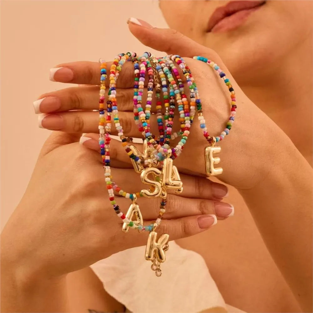 Initial 26 Letter Colorful Beaded Pendant Necklace for Women Vintage Boho Choke Collares Trendy All-match & Exquisite Jewelry