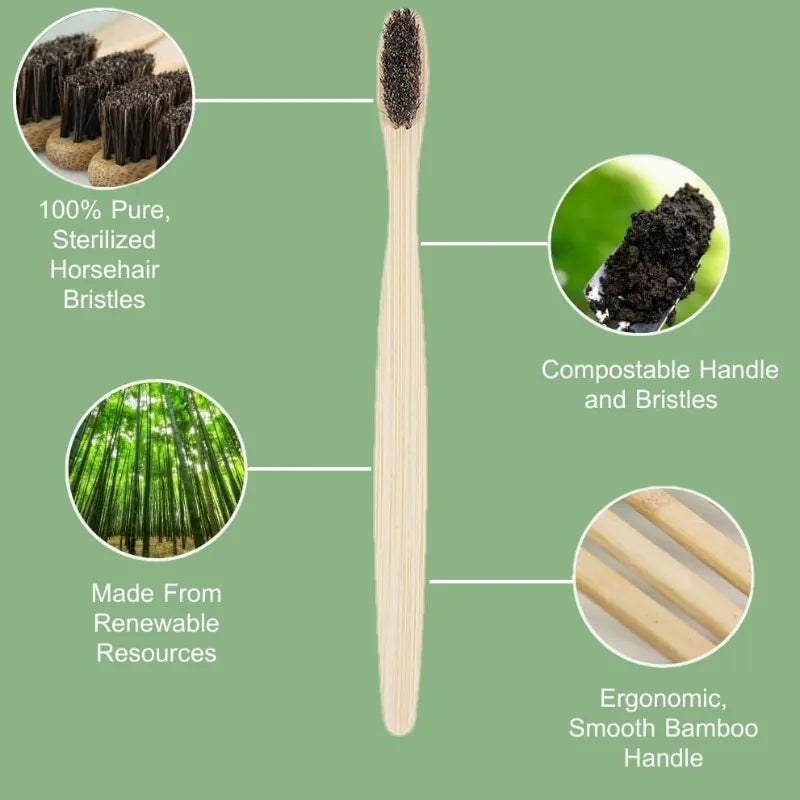 10pack Natural Bristle Bamboo Toothbrushes,Horse & Boar Bristle,Totally Compostable Biodegradable Zero Waste Plastic Free