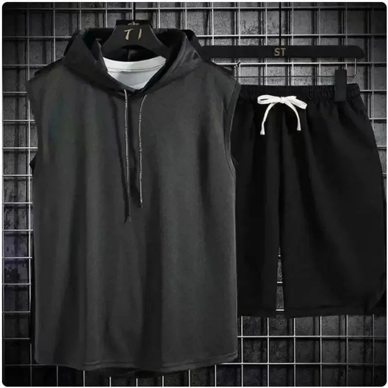 2025 Summer New Men's Two-Piece Casual T-shirt and Shorts Set Men's Sports Set Fashionable Short-Sleeved Sports Set Hooded T-shi