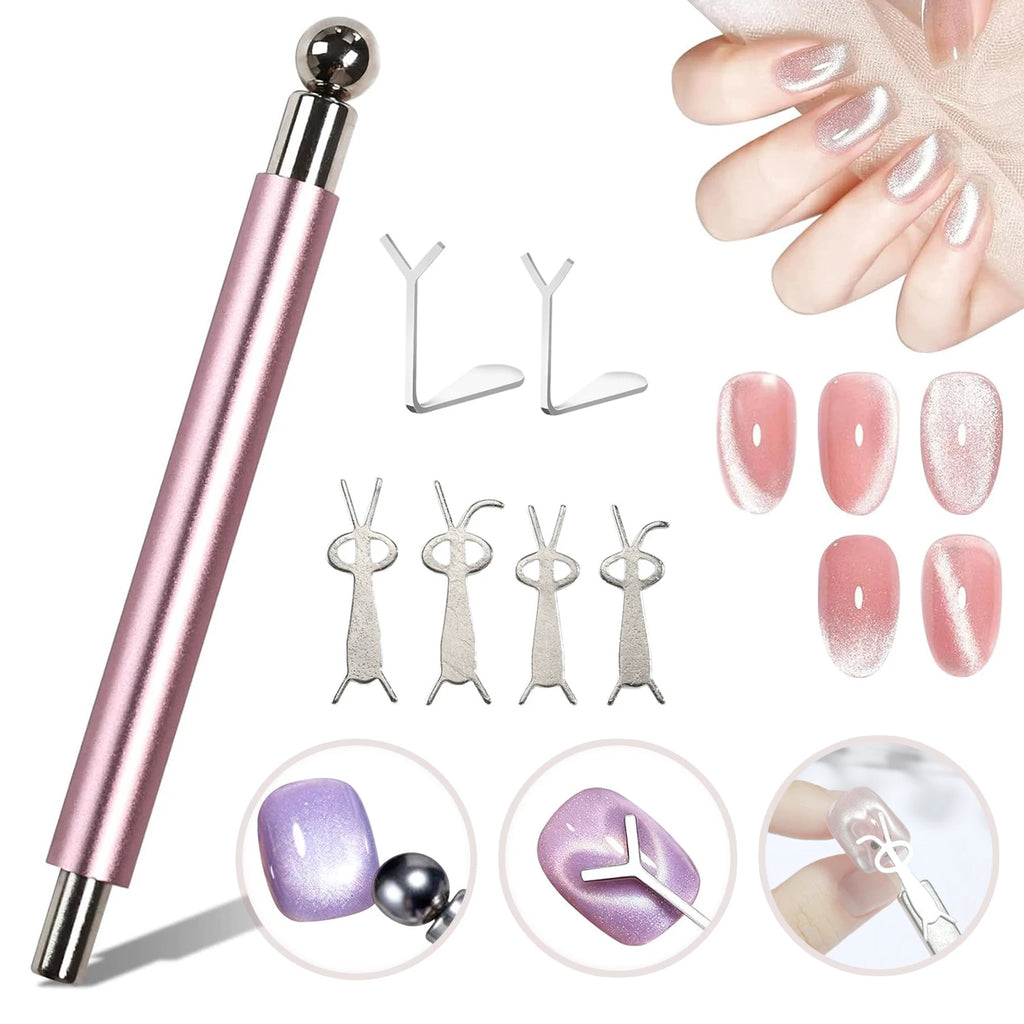 Pro Cat Eye Nail Magnet Kit — Dual-Tip Wand, Round Beads & Y/Rabbit Stencil. DIY Multi-Style Cat Eye Nails Made Easy.