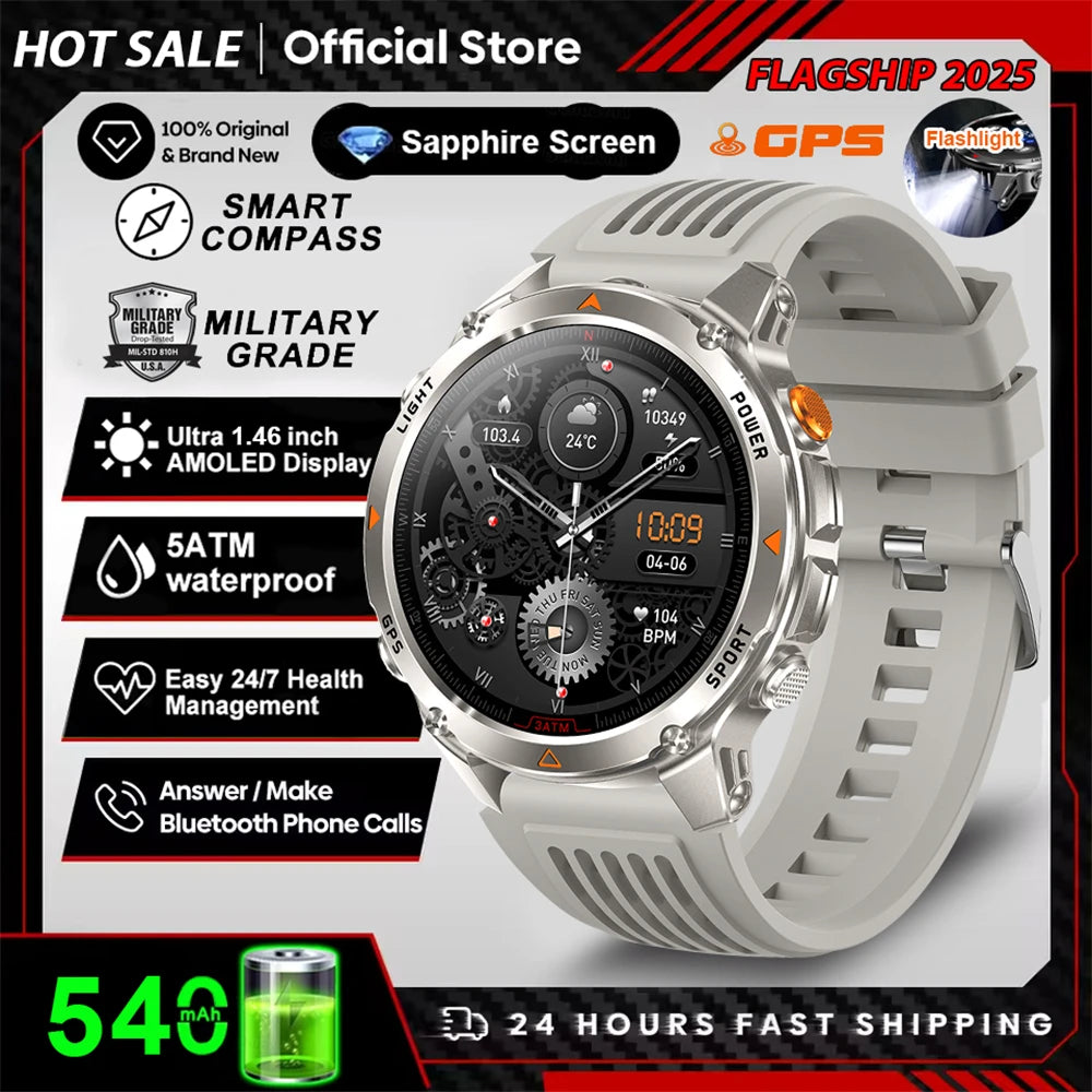2025 New Military Bluetooth Call Smart Watch Built-in GPS Compass Barometric Altimeter 3ATM Waterproof Sports Smartwatches Men