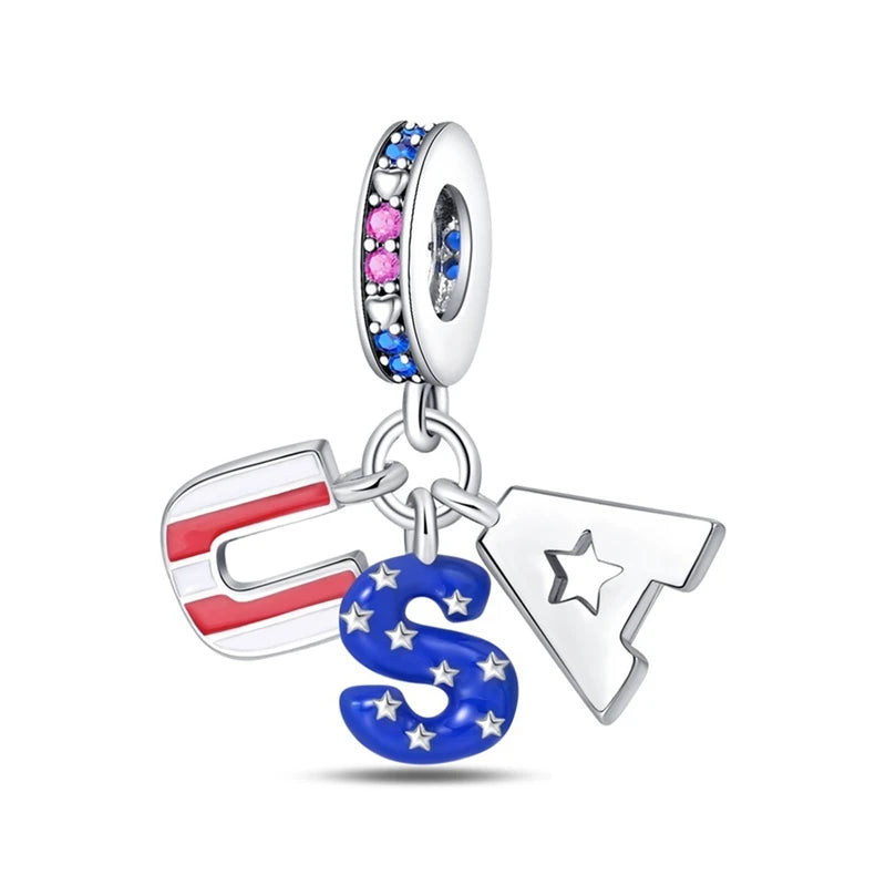 Original 925 Sterling Silver Charms Bead American Flag Independence Day Pendant Fit Original Bracelet For Women DIY Jewelry Gift