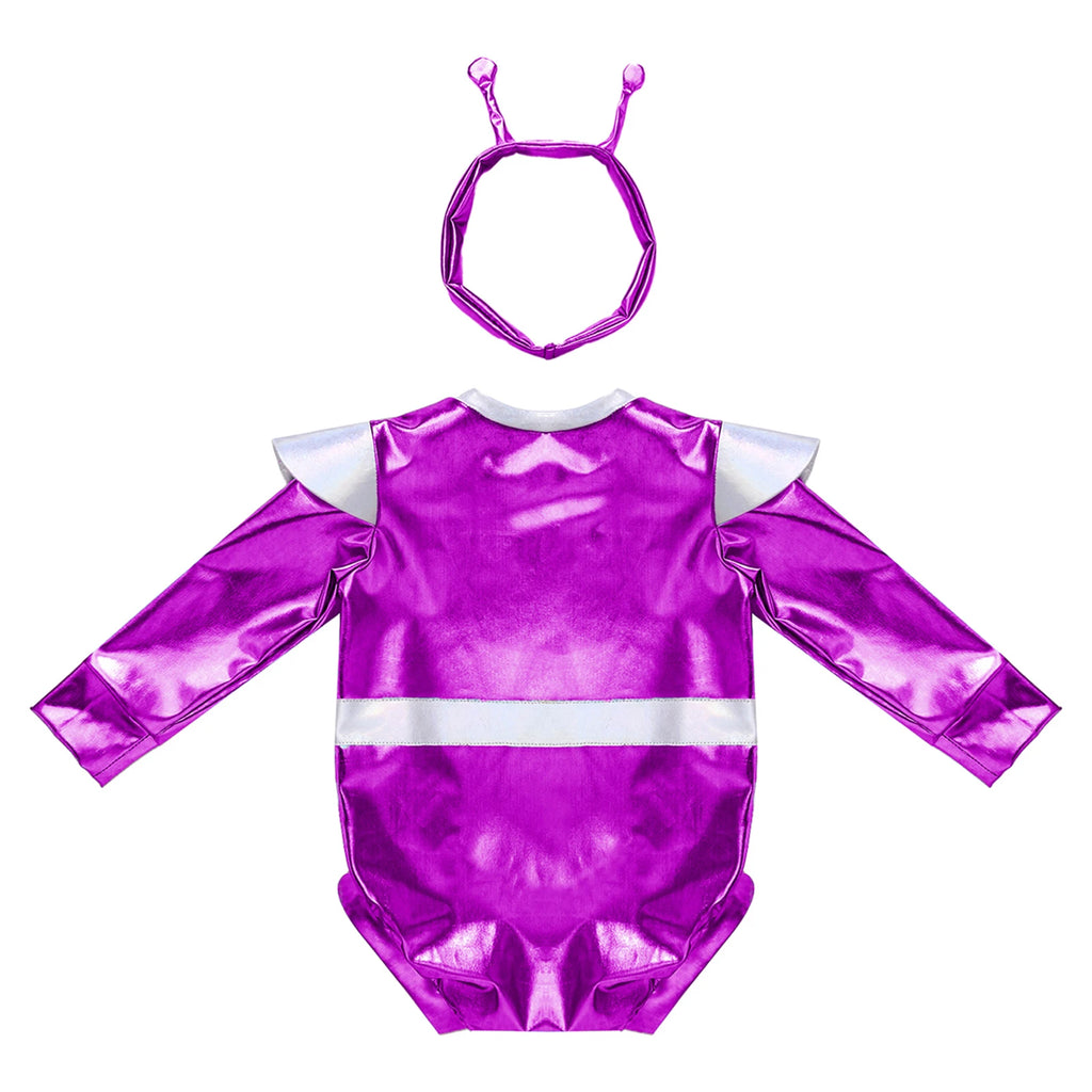 Little Boys Girls Halloween Theme Party Metallic Shiny Alien Rompers Space Robot Astronaut Dress Up Jumpsuit Photography Costume