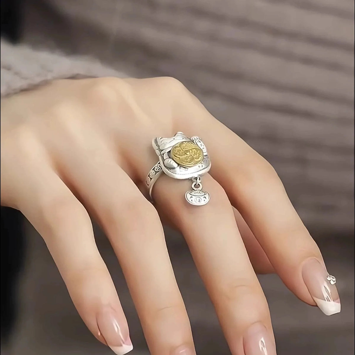 New Chinese Style Retro Transportation, Wealth Attracting Cat Ring, Female Rotatable Opening Adjustment, Niche Ring Accessories