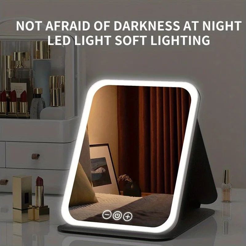 LED Makeup Mirror 3 Colors Lighting Dimmable with Touch Screen Fold Cosmetic Makeup Mirror Rechargeable Tabletop for Travel Home