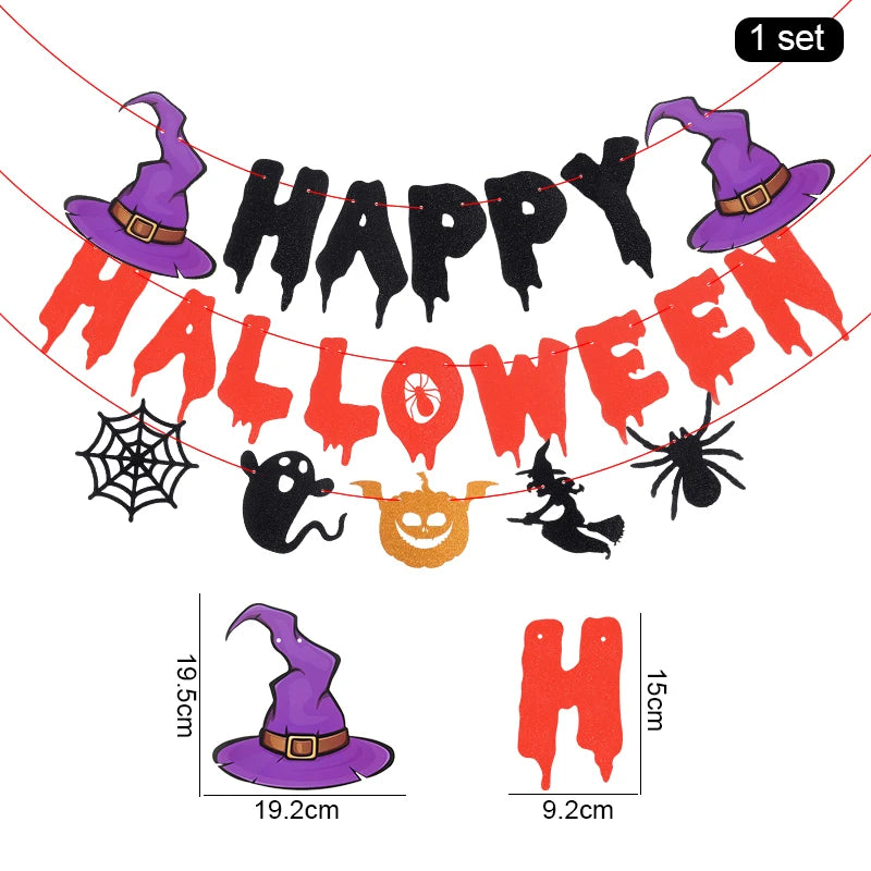1set Halloween Decoration Banner Bunting Scary Spider Ghost Bat Hanging Garland Pull Flag Pendant For Halloween Party Home Decor