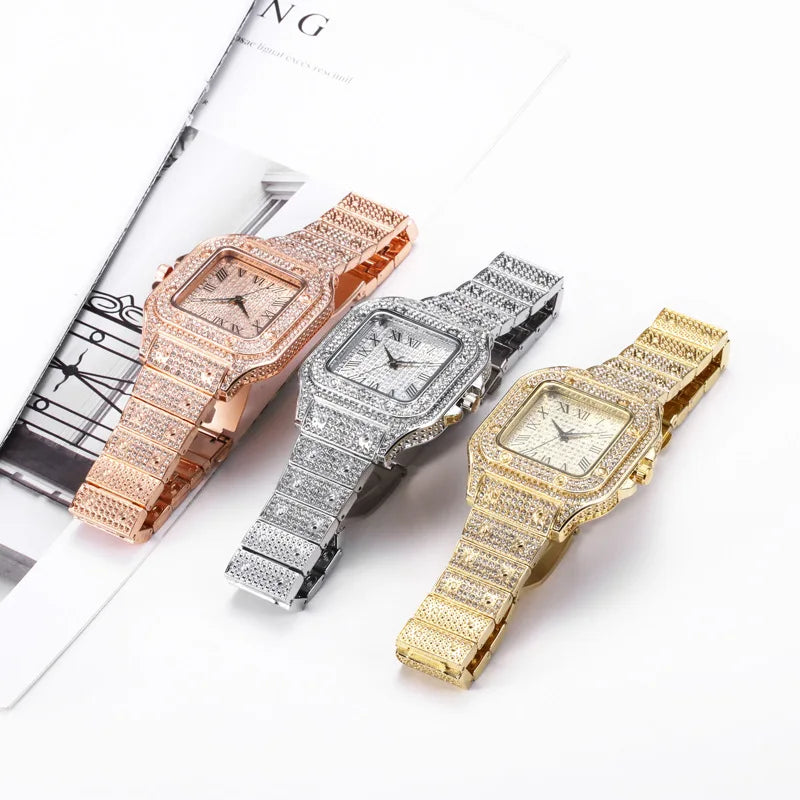 Men's Business Square Starry Sky Steel Belt Diamond-Inlaid European American Roman Fashion Quartz Wristwatch Gift