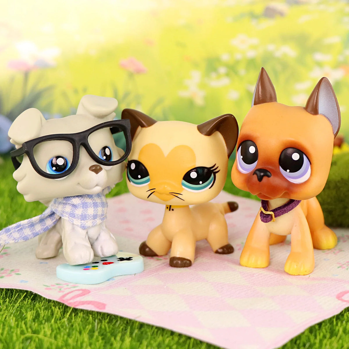 3 Pcs Minilpsshop Bobble Head Toys Shorthair Cat #3573 Collie #363 Great Dane #244 with Accessories Kids Gift for LPS
