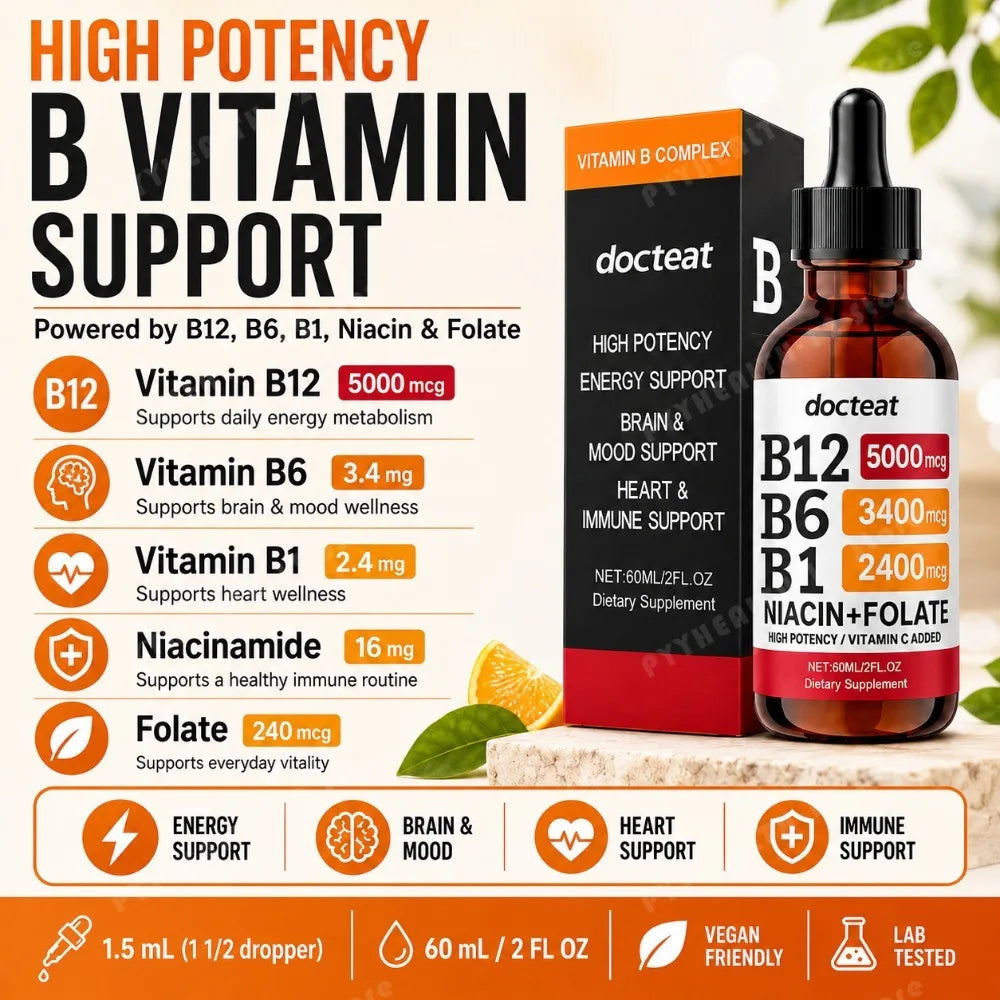 Docteat B Complex Drops 60ml High Potency B12 5000mcg Methylcobalamin Energy Brain Mood Heart Immune Support Non GMO Vegan