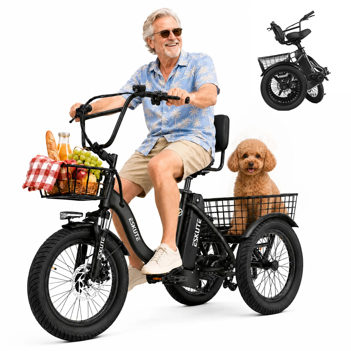 ESKUTE T300 E Trike Electric Bike, Peak 1200W Brushless Motor Folding Trike 18X3.0 Tire Ebike, 624Wh Removable Battery,