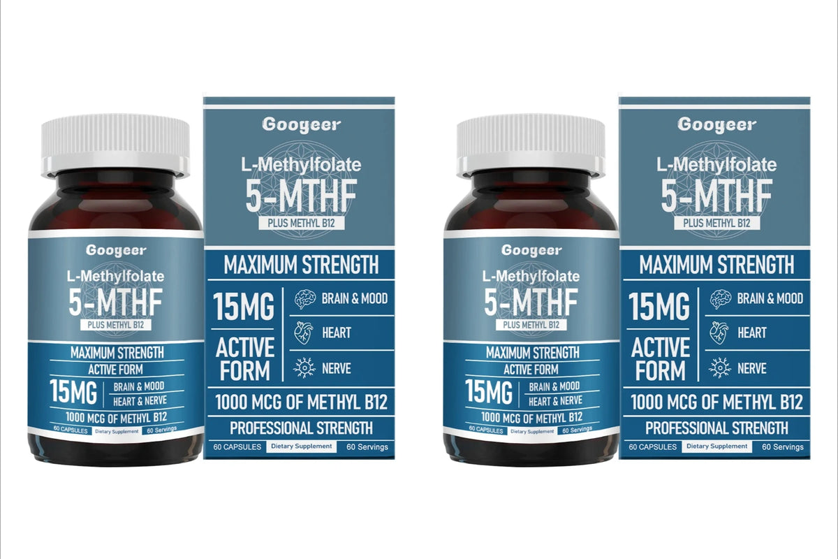 Googeer L Methylfolate 15mg + Methyl B12 1000mcg Active Folate B12 Support 60 Capsules