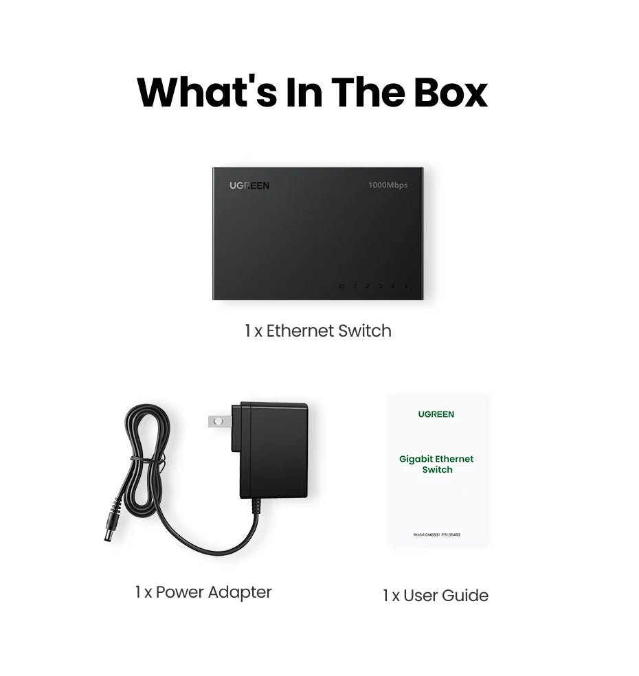 UGREEN Ethernet Switch 1000Mbps Mini Network Expension 5Ports All Gigabit for Router Lan Hub Full/Half Duplex Plug and Play