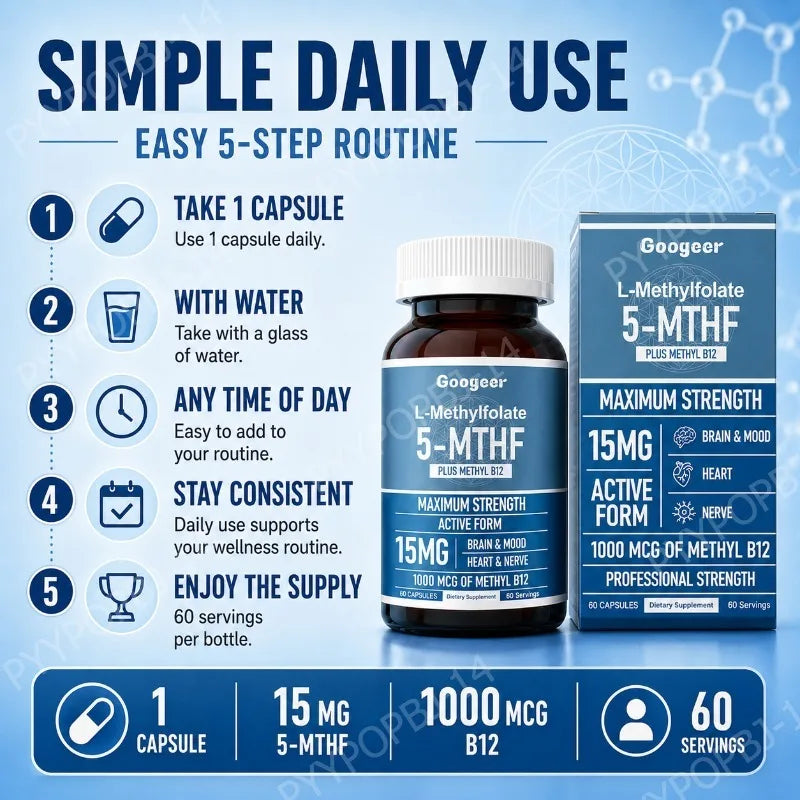 Googeer L Methylfolate 15mg + Methyl B12 1000mcg Active Folate B12 Support 60 Capsules