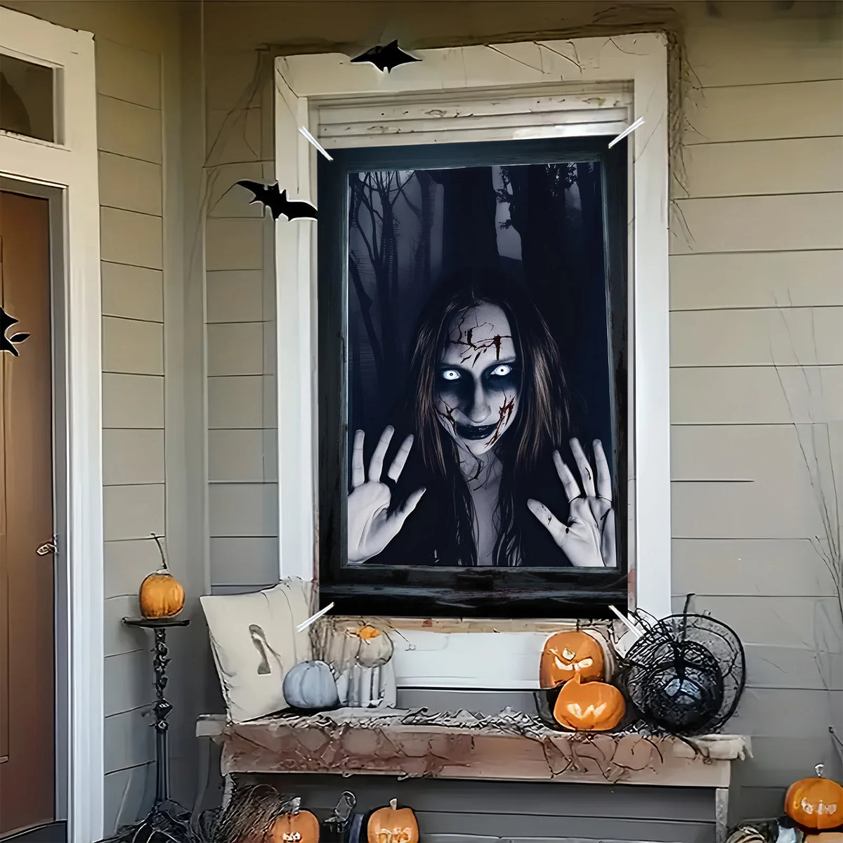 Halloween horror party, forest monster design window decorations, indoor and outdoor decorations, eerie atmosphere