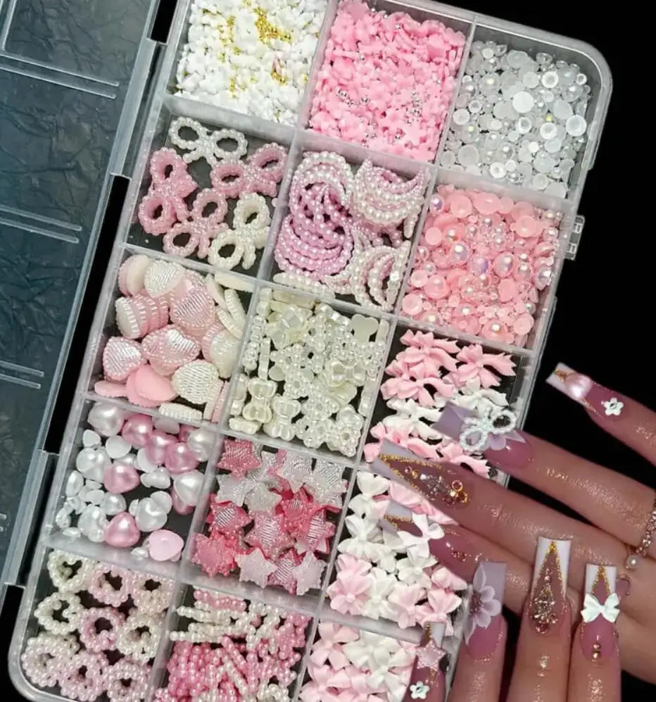 1 Box Pink White Black Resin Flatback Bow Charms 6 Grids 30Pcs For Acrylic Nails Household Salon Manicure Supply