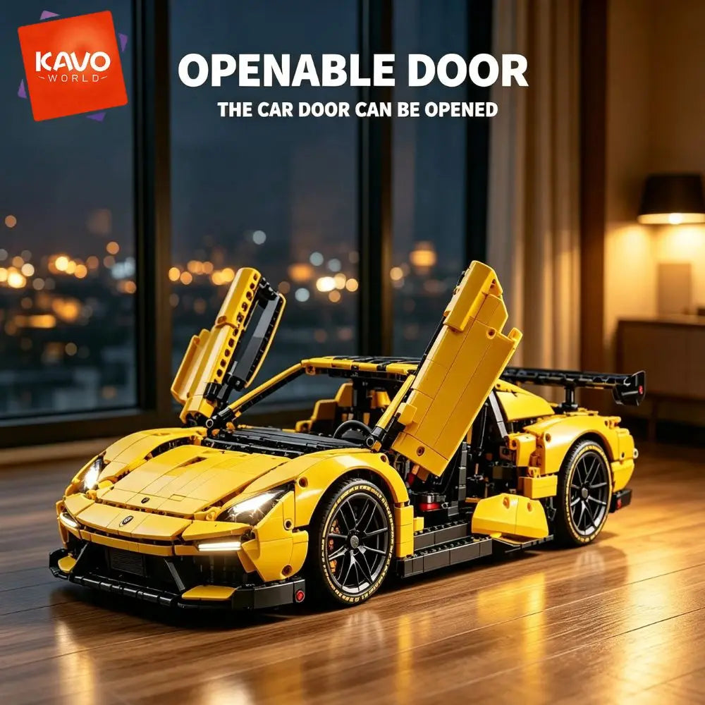 KAVOWORLD 2143pcs Yellow 1:10 Building Block Racing Car Sports Supercar Road Coupe Drift Vehicle Construction Kit with Movable Doors Adjustable Rear Wing DIY Assembly STEM Toys Home Desk Decor Hobby Christmas Halloween Birthd